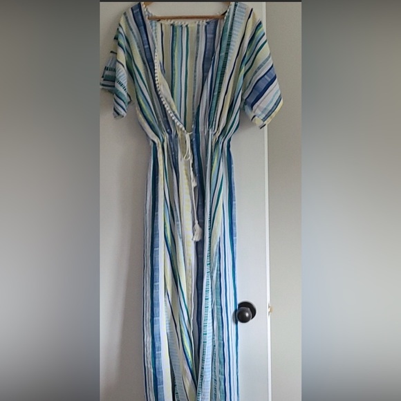 Striped Kimono Beach Cover Up “Front Tie” (New!) Blue, Black, Yellow, White - Picture 2 of 6